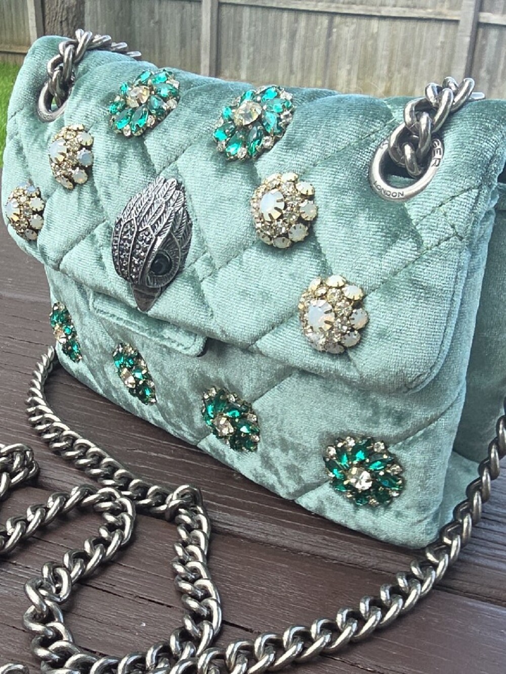 Kurt Geiger Embellished Quilted Green Velvet Shoulder Bag - Picture 4 of 16